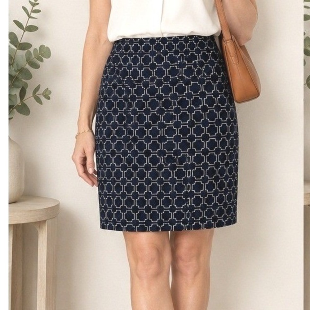 Talbots Navy‎ Geometric Print Pencil Skirt Size 14 Classic Career Preppy